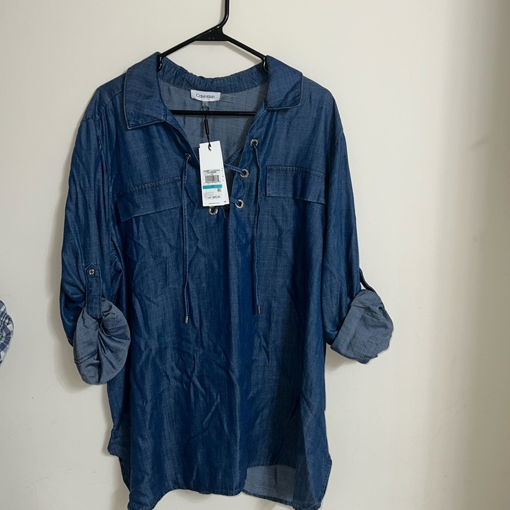 Calvin Klein Roll Sleeve Lace Up Chambray Blouse Size